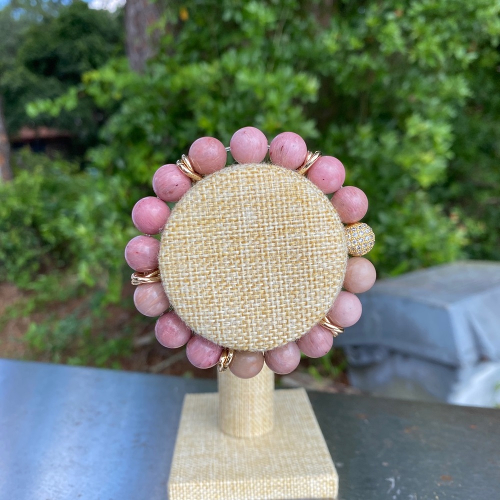 Bracelet with Mauve Beads, Silver Spacers, & Crystal Ball